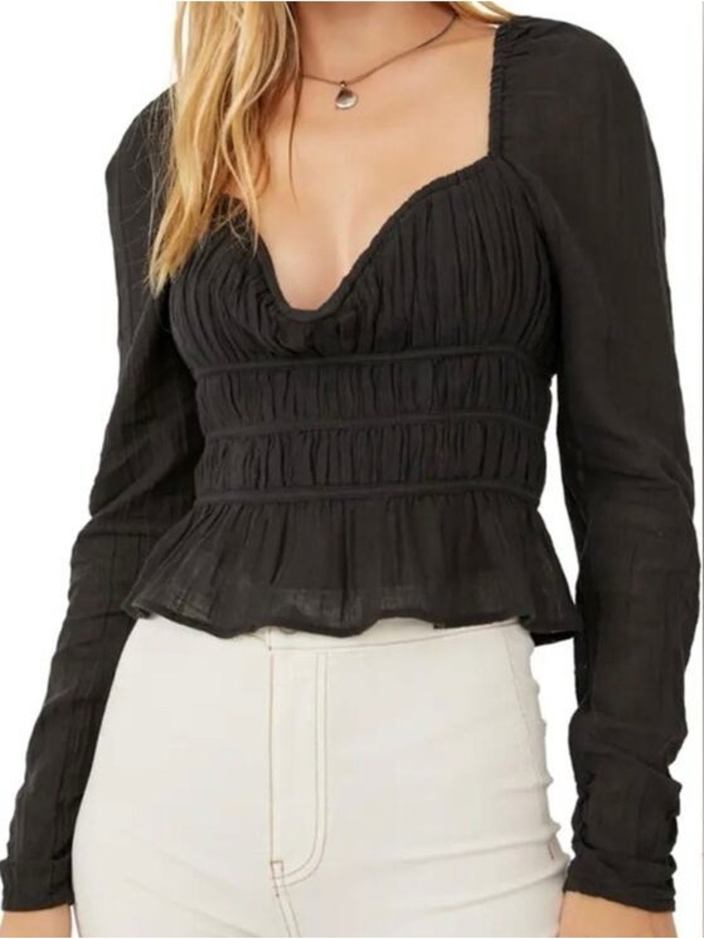 FREE PEOPLE Chloe Smocked Tie Neck Cotton Black